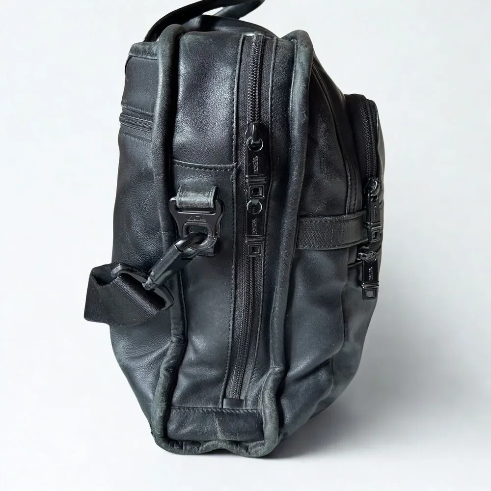 TUMI Leather Laptop Briefcase Expandable Work Bag Black – Wear & Small Hole